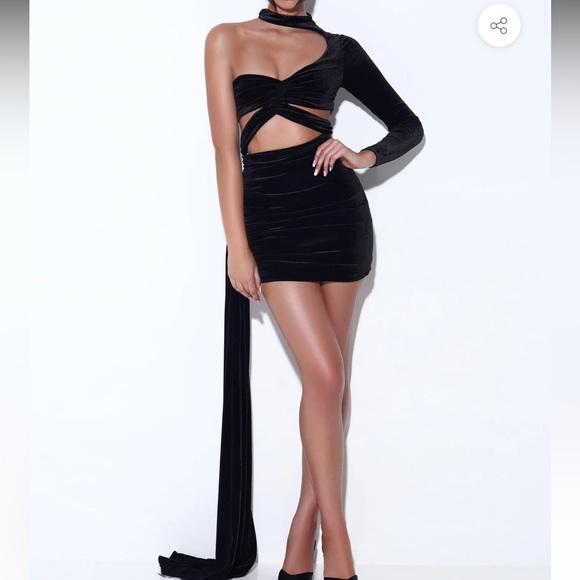 Black Velvet One Sleeve Draping Cutout Dress - Picture 1 of 8